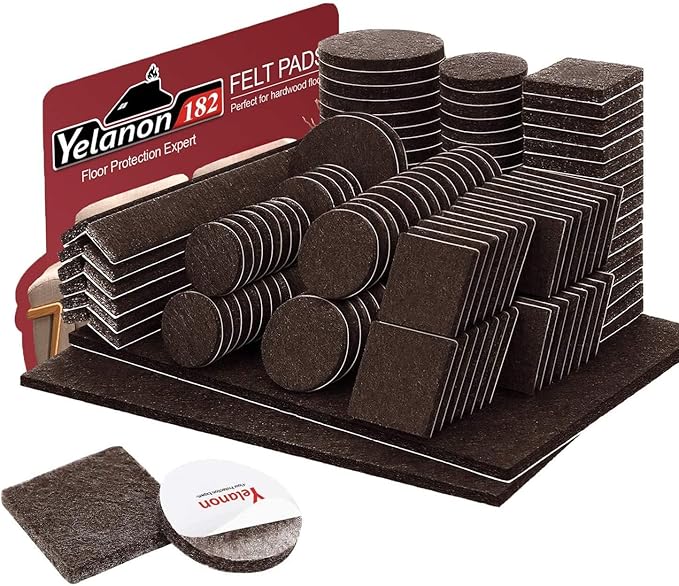 Yelanon Felt Furniture Pads -182 Pcs Premium Felt Pads for Chair Legs Furniture, Floor Protectors for Hardwood Floors, Brown