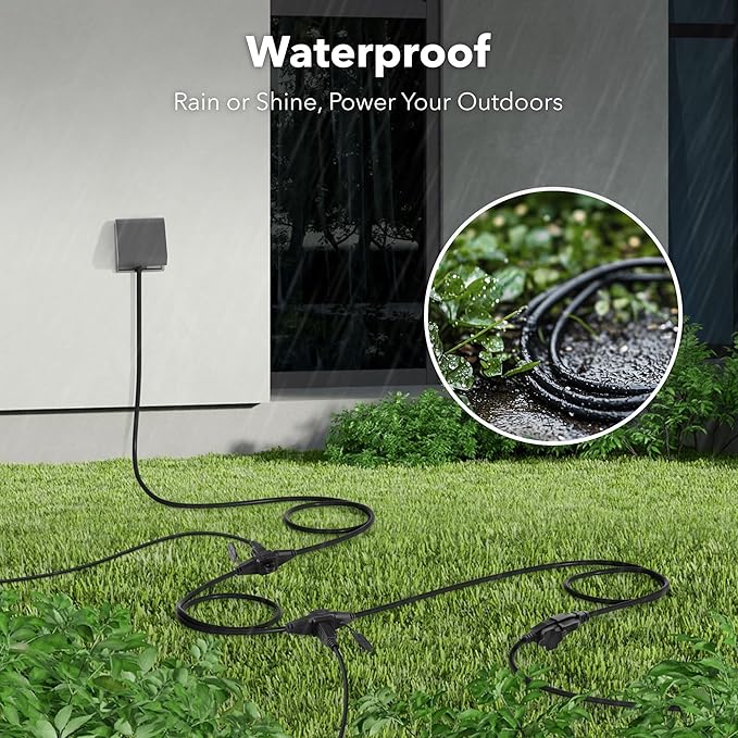 BN-LINK 25 ft Outdoor Extension Cord w/3 Inline Outlets 16/3 Gauge, SJTW Green for Landscaping & Holiday Decorations, Grounded, ETL Listed，Black