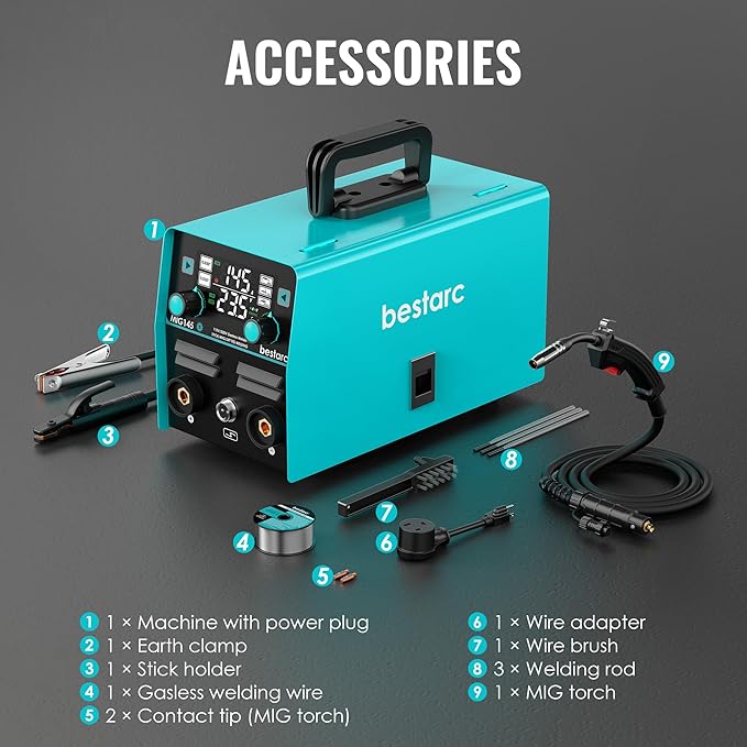 bestarc 145A MIG Welder, 110V/220V Gasless Flux Core MIG Welder/Lift TIG/Stick 3 in 1 Synergic MIG145 5GEN Welding Machine, Portable Flux Welder with Digital Screen Display