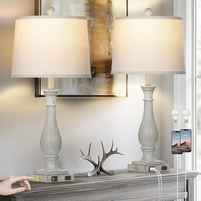 27.5" Farmhouse Table Lamps Set of 2 with USB C+A Ports & AC Outlet for Vintage Living Room Retro Bedroom, 3-Way Dimmable Touch Lamps Resin Bedside Lamps for Nightstand Side End Table, Grey