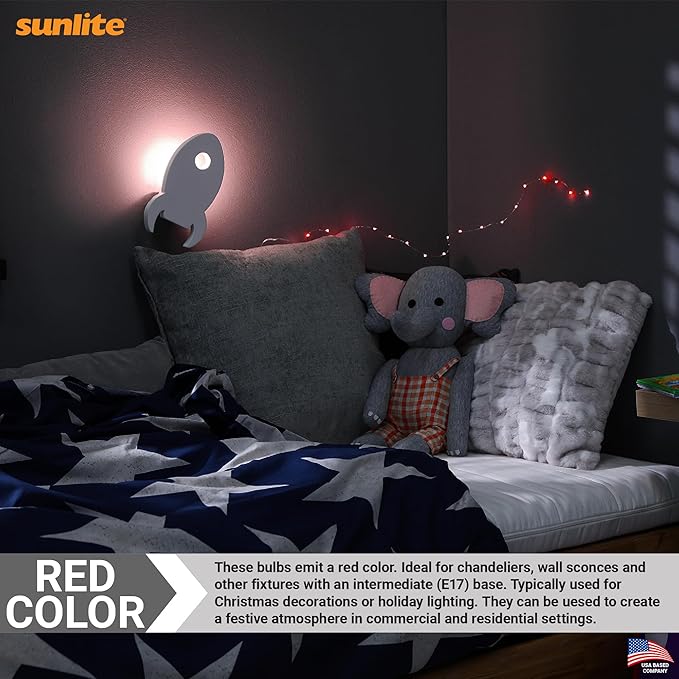 Sunlite Incandescent C9 Colored Night Light Bulb, 7 watts, 120 Volts, Intermediate E17 Screw Base, 2000 Rated Hours, Christmas-Lights Nightlight, Red, 25 Pack