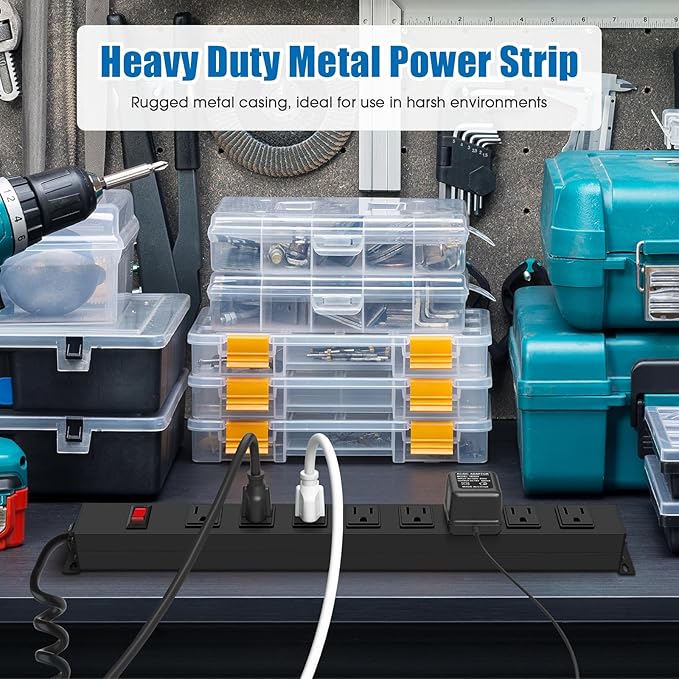 HHSOET 8 Outlet Metal Wall Mount Power Strip, Mountable Outlet with Switch, Heavy Duty Wide Spaced Surge Protector, 10 FT SJT 14AWG Black Spring Cord.