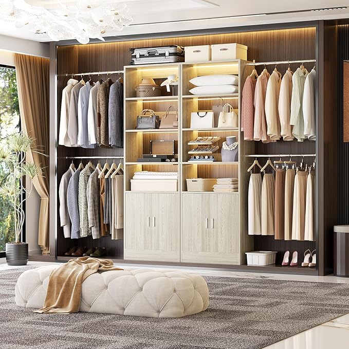 8FT Closet System, 96 Inch Closet Organizer System with Hanging Rods, Heavy Duty Clothing Rack with Cabinet, Walk In Mounted Closet System, Built-In Clothes Garment Rack, Oak