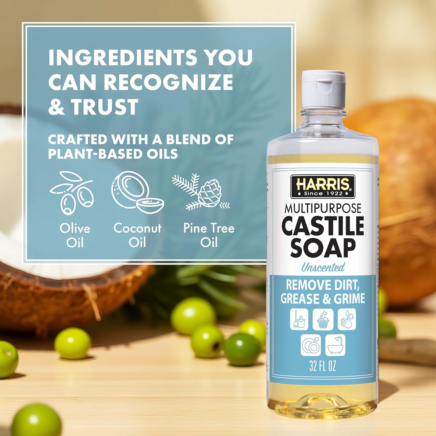 HARRIS Multi-Purpose Pure Liquid Castile Soap for Home Cleaning, Multi-Purpose Cleaner, For Dish Soap, Laundry Detergent, Kitchen and Bathroom Surfaces, Kids Rooms, Unscented, 32 Oz