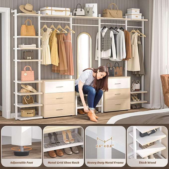 Aheaplus 8FT Closet Organizer Systems with 6-Drawers, 96'' Wood Closet Organizer with Storage for Walk in Closets, Clothing Rack Wardrobe Closet Garment Rack for Hanging Clothes, Bedroom, White Oak