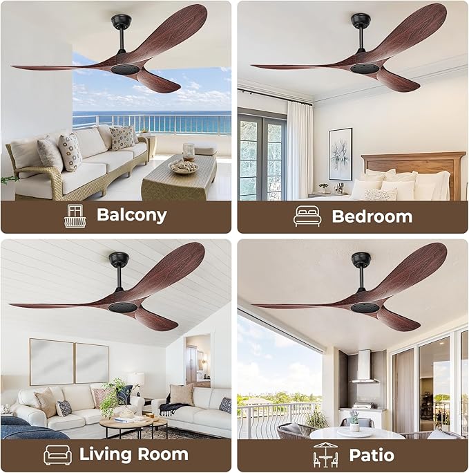 60 Inch Ceiling Fan Without Lights, Walnut Finish | Outdoor Ceiling Fan with Remote, 6-Speed Adjustable Reversible DC Motor for Patio & Living Room