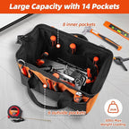 Tool Bag 14'', Thick Outer Pocket Tool Organizer Waterproof, Heavy Duty Tote with Shoulder Strap for Tool Storage, Black & Orange