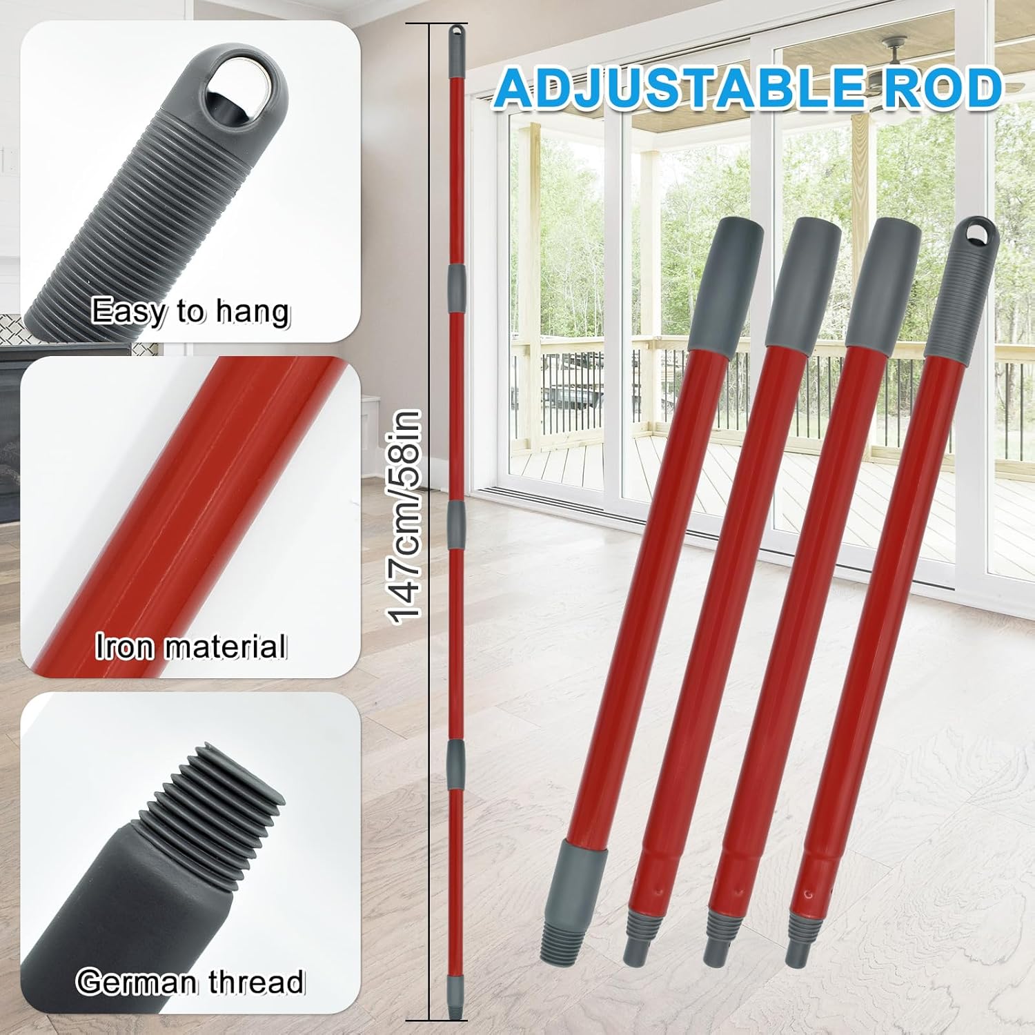 Mop Replacement Pads for Ocedar H2prO Flat Mop System, Mop Handle Mop Refills for O-Cedar H2pro Flat Mop System, Include 4 Pack Mop Pads and 4-Section Mop Handle for Ocedar H2 Pro Mop