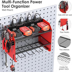 CCCEI Set Power Tool Organizer Wall Mount with Charging Station. Garage 8 Drills Storage Shelf with Hooks, Screwdriver, Drill Bit Heavy Duty Rack, Tool Battery Holder Built in 8 Outlet Power Strip.