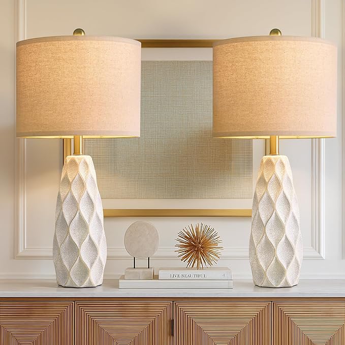 27.5" Ceramic Table Lamps for Living Room Bedroom Lamps Set of 2 Modern Boho Bedside Lamps Night Stands Farmhouse Vintage Large Nightstand Lamp Reading Light Home Office Dorm Desk Deco Gifts, White