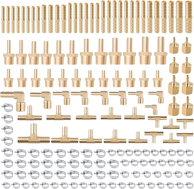 168Pcs Hose Barb Fuel Line Fittings Assortment Kit Barb Splice/Coupler/Female Adapter/Tee/90°Male Elbow Thread 1/8" 3/16" 1/4" 5/16" 3/8" 1/2" Air Hose Fitting with Pipe Clamps for Fuel