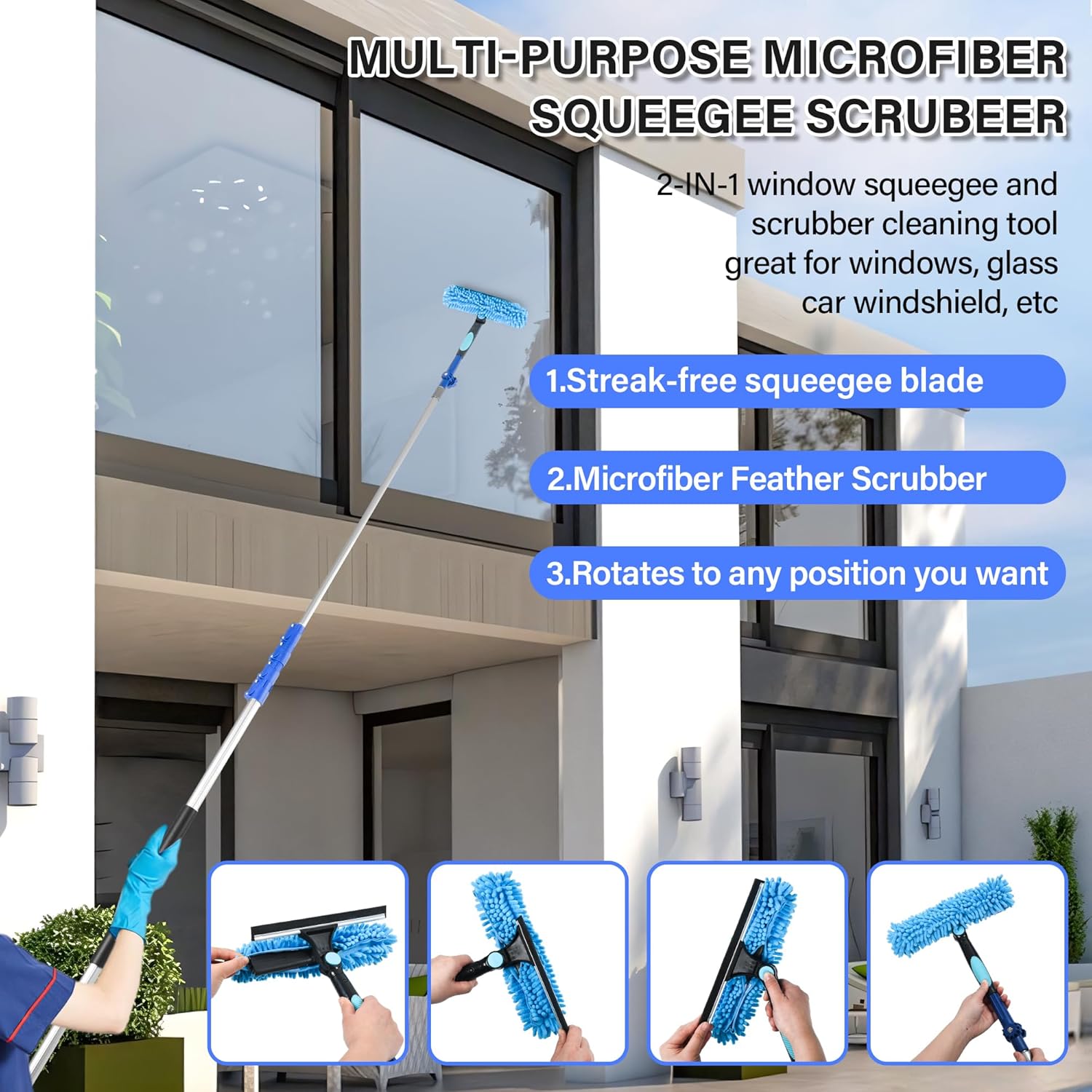 20 FT Exterior House Cleaning Brush Set with 5-12 Foot Telescoping Extension Pole, Soft Scrub Car Wash Brush, Medium Bristle Cleaning Brush and Window Squeegee & Washer