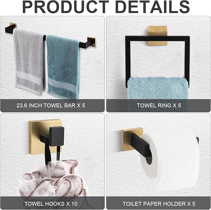 Gisafai 25 Pcs Bathroom Hardware Accessories Set 23.6 Inch Bath Towel Bar Kit Stainless Steel Bathroom Hardware Set Towel Racks Ring Hooks Paper Holder for Wall Mounted (Black Gold)