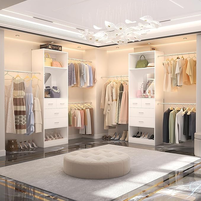 Unikito 48" W - 96” W Closet Organizer, 8FT Walk in Closet Systems Starter Kit with 25” Tower and 3 Extendable Hanging Rods, Sturdy Wood Garment Rack with 4 Drawers and Mirror, Max Load 1000 LBS White