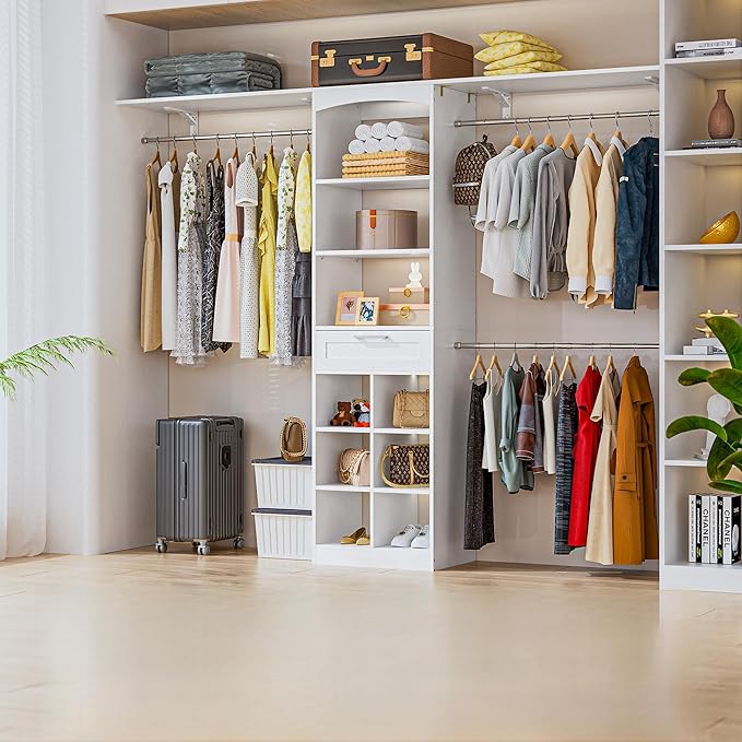 Closet System With Drawers - 6 Partition Storage, Closet Organizer System With 3 Expandable Hanging Rods, Walk-In Closets Wardrobe Clothes Garment Rack For Bedroom