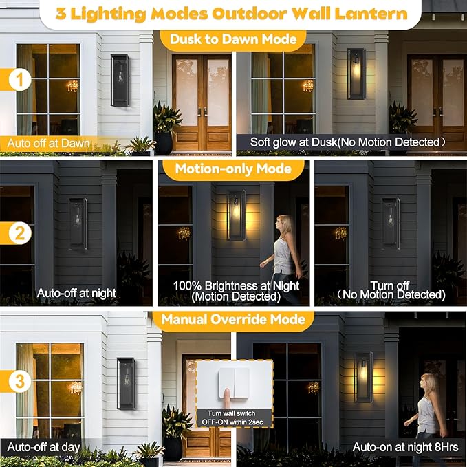 15in Motion Sensor Outdoor Wall Sconce-Black Modern Exterior Lighting Fixture Waterproof Porch Lights Large Outside Lantern Wall Mounted for Coach Doorway Patio