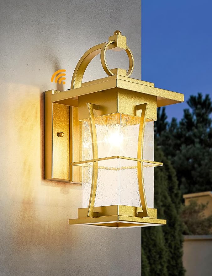 Gold Dusk to Dawn Outdoor Wall Lantern Exterior Light Fixtures Wall Mount Porch Light with Photocell Sensor Waterproof Outside Sconce for House, Patio, Garage,Seeded Glass Outside Wall Lamps