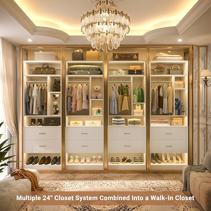 24 Inches Closet System with 2 Wood Drawers, 2FT Small Closet Organizer System with 6 Shelves, Walk-in Closet Systems for Small Closets, Built-In Garment Rack, White (24"L x 15"W x 80"H)