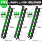 Magnetic Socket Organizer, 6-Piece Heavty Duty Aluminum Socket Holder, Socket Rail for Tool Box, Premium Quality 360° Swivel Socket Rack Kit with 80 Clips for 1/2, 3/8, 1/4-Inch(Black&Green)