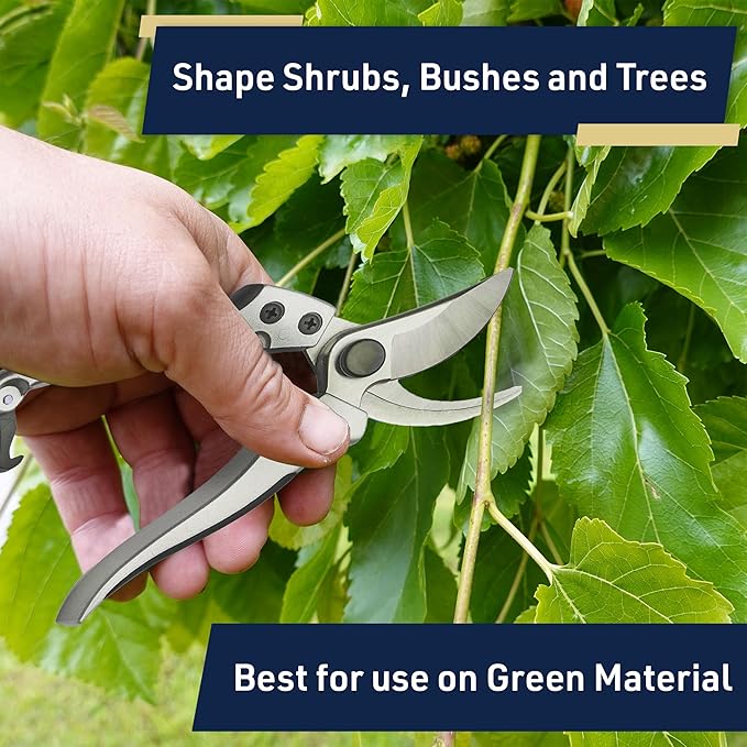 Kings County Tools 8" Steel Bypass Pruner | Spring-Loaded Snap Catch | Cast Aluminum with Rubber Surface Grips | Works Best with Green Branches and Material