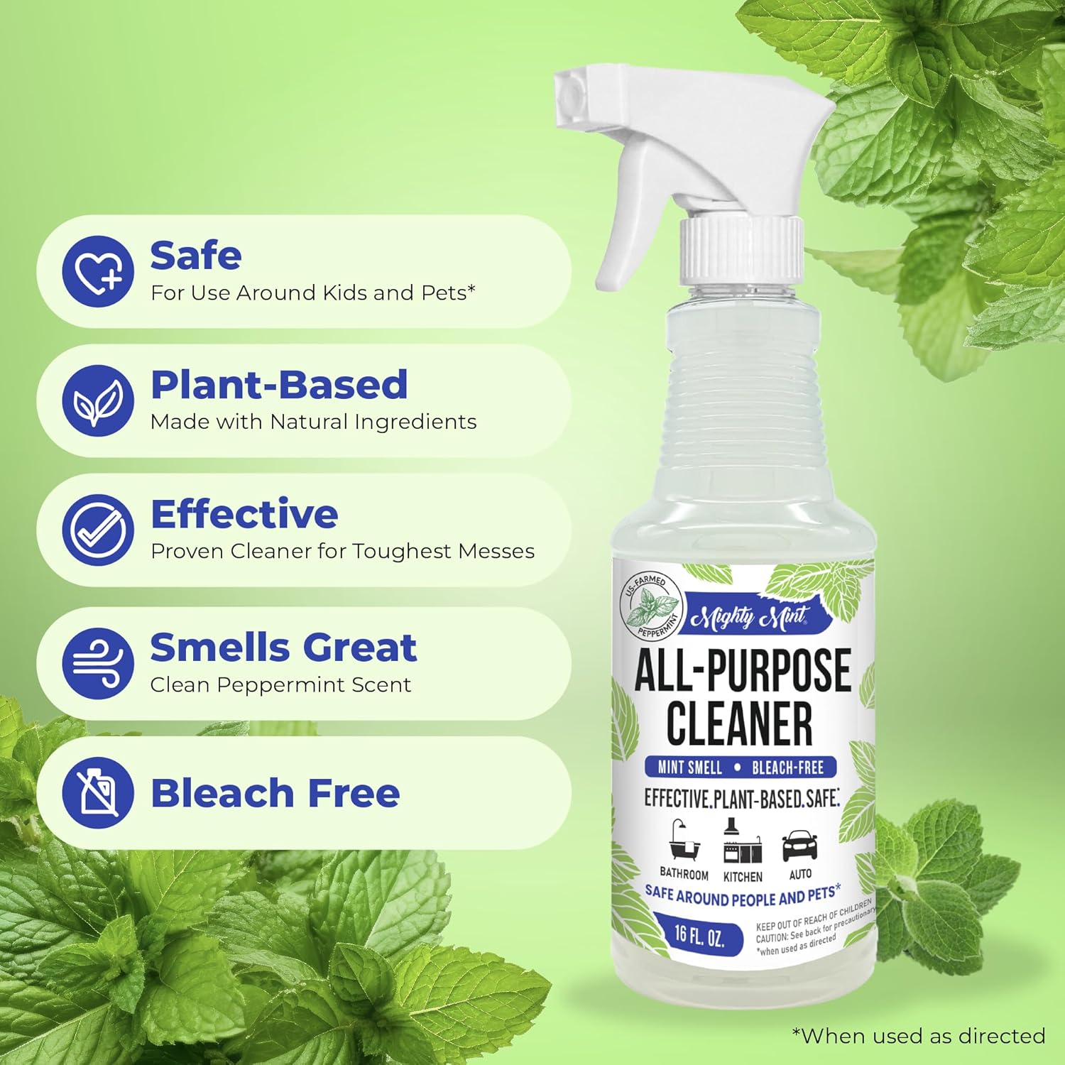 Mighty Mint All-Purpose Cleaner Spray for Home, Kitchen, Bathroom, Natural Peppermint Scent, 16oz - 2 Pack
