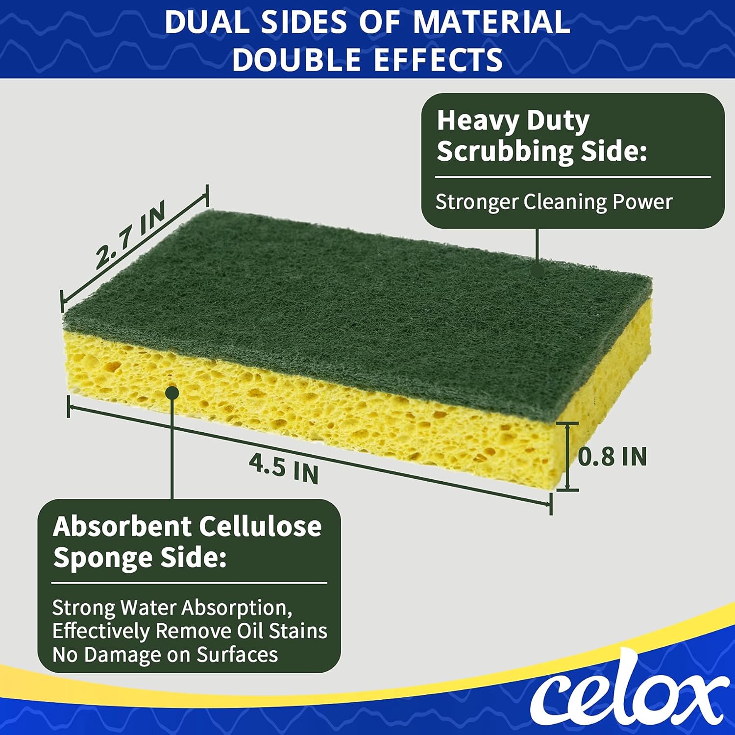 CELOX 6 Pack Dish Sponge for Kitchen, Dual Sided Scrub Heavy Duty, Non Scratch Sponges Perfect for Dishwashing and Household Cleaning, Highly Absorbent and Easy to Dry for Reuse