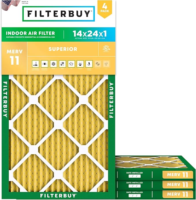 Filterbuy 14x24x1 Air Filter MERV 11 (MPR 1200) Allergen Defense Replacement (4-Pack), Electrostatic Pleated HVAC AC Furnace Filters, Made in USA (Actual Size: 13.38 x 23.38 x 0.75)