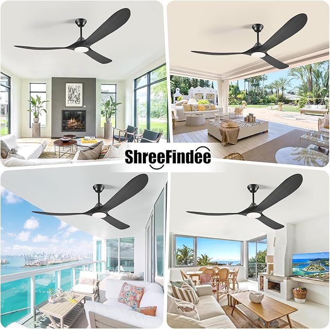 60 Inch Black Outdoor Ceiling Fans with Lights, Smart Ceiling Fan with Remote/APP/Alexa Control, Solid Wood Farmhouse Ceiling Fan for Patios Porch Bedroom, Quiet Reversible DC Motor, Indoor/Exterior