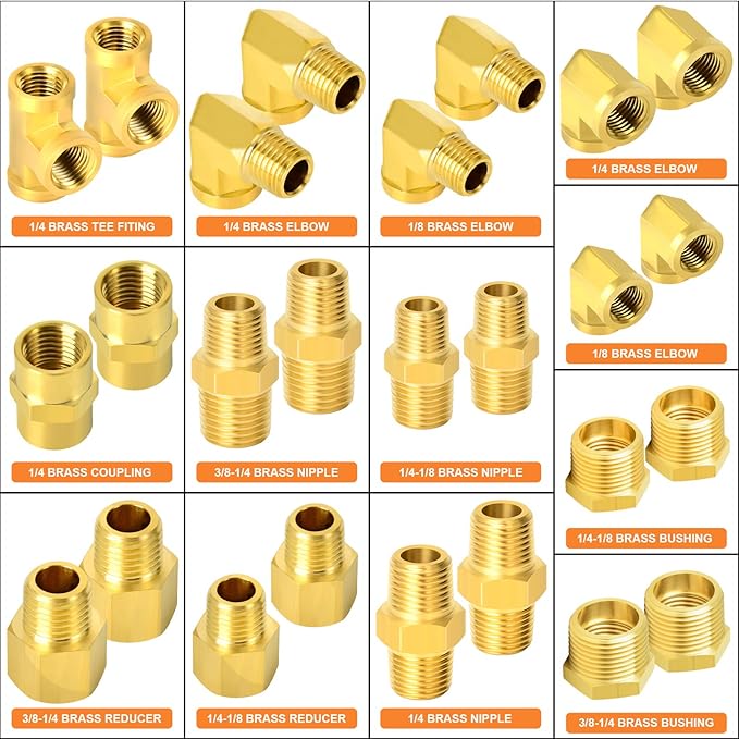GASHER 26PCS Brass Pipe Fitting Kit, Hex Bushing, Reducer Adapter, Hex Nipple, 90 Degree Barstock Street Elbow