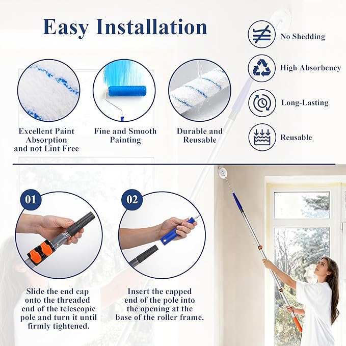 Paint Roller Kit with Extension Pole, 41Pcs Paint Supplies for Painting Walls, 4" & 9" Rollers with Frame, Tray with Liners, Paint Brushes, Scraper, Drop Cloths, Painters Tape, Sanding Sponges