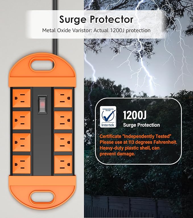 CCCEI Outdoor Power Strip Weatherproof with 8 Plug, Waterproof Extension Cord with Multiple Outlets, Christmas Exterior Garden Yard Surge Protector 6FT, Orange.