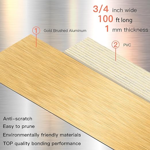 GSCIT Club Gold Edge Banding, 3/4 Inch x 100ft Aluminum Brushed Edge Banding PVC Edge Trim for Cabinet Repair Furniture
