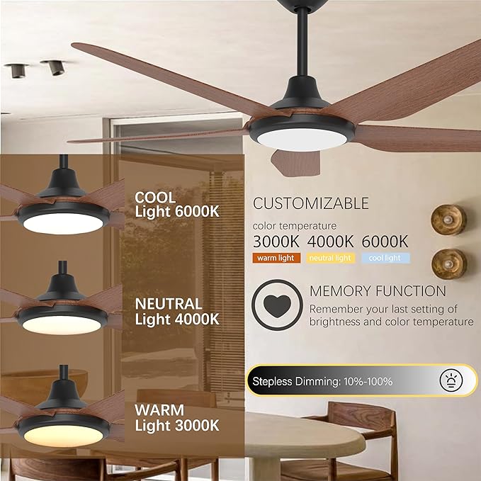 52 Inch Large Outdoor Ceiling Fans with Lights, High CFM Waterproof Blades for Covered Patio, 9 Speed Remote Control Dimmable LED Light, Angled Mount Easy Install