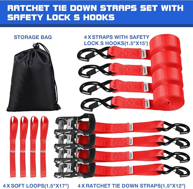 Heavy Duty Ratchet Straps for Trucks 4 PK 4400 LB 1.5" X15'Hold Containers Boat Tie Down Straps for Cargo/Pickup Truck Bed Toolbox Belt Accessories,Moving Furniture,Roof Rack Kayak Load Strap Red