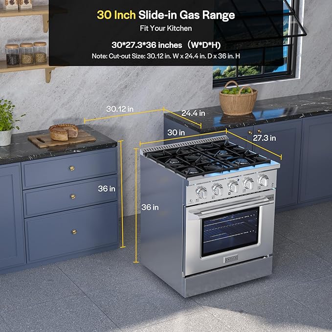 Empava Commercial Gas Range, Freestanding & Slide-In, 4.2 cu. ft. Pro-Style Single Oven with 4 Sealed Ultra High-Low Burners Heavy Duty Grates in Stainless Steel for Kitchen, Restaurant,30 Inch