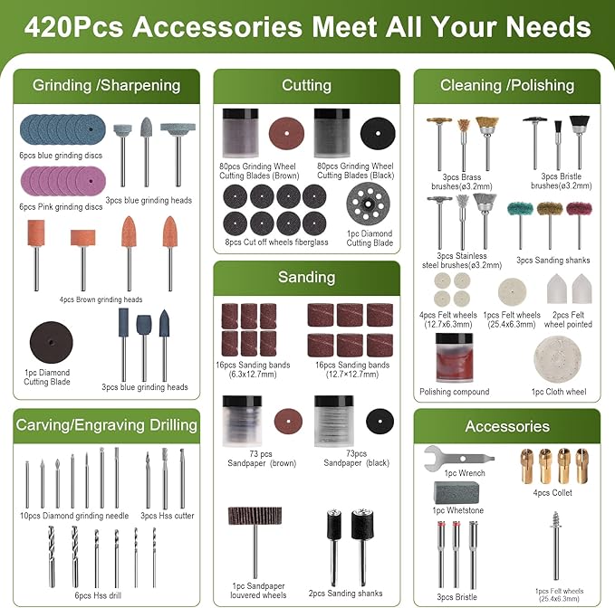 PHALANX Rotary Tool Accessory Kit, 420 Pcs Accessories Kit, 1/8"(3.2mm) Diameter Shanks, Universal Fitment All Rotary Tool for Easy Cutting, Sanding, Grinding, Sharpening, Engraving, Carving- PRA420…