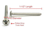 Bolt Dropper No. 10 x 1-1/2 inch Stainless Truss Head Phillips Wood Screw, (100 Piece), 18-8 (304) Stainless Steel Sheet Metal Screws, Type A Point, Plain Finish, ssd Screws
