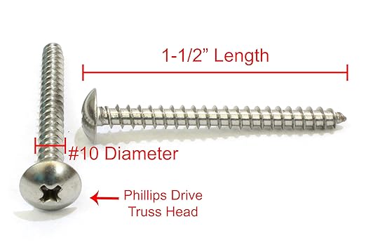 Bolt Dropper No. 10 x 1-1/2 inch Stainless Truss Head Phillips Wood Screw, (100 Piece), 18-8 (304) Stainless Steel Sheet Metal Screws, Type A Point, Plain Finish, ssd Screws