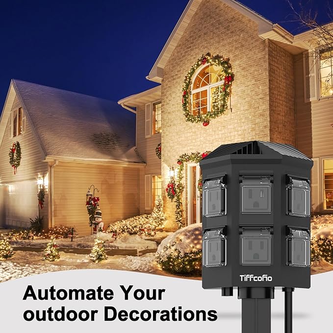 TiFFCOFiO Outdoor Power Strip Timer, Dusk to Dawn Light Sensor Countdown, 25 Feet Extension Cord Waterproof, 6 Grounded Outlets for Halloween and Christmas Decorations, ETL Listed (25 FT)