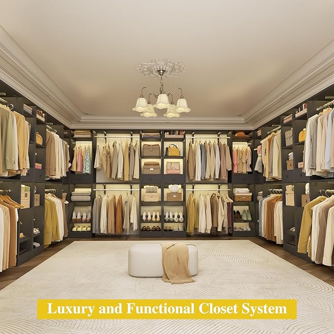 Unikito 10-15FT Closet Systems, Large Wood Walk in Closet Organizer with Hanging Rods and Drawers, Heavy Duty Closets Wardrobe with Shoe Rack, Sturdy Reversible Clothes Closet Kit, Black, Set of 2