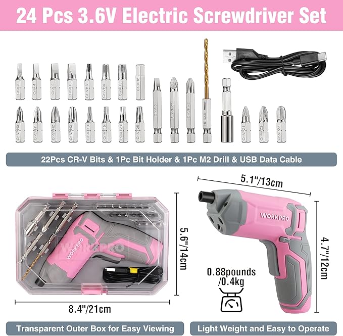 WORKPRO Pink Cordless Screwdriver Set, 3.6V Electric Rechargeable Eccentric Power Screwdriver Kit with 24Pcs Bits, Delay-off LED Light, 2000mAh High-Capacity Battery, Carrying Case Included