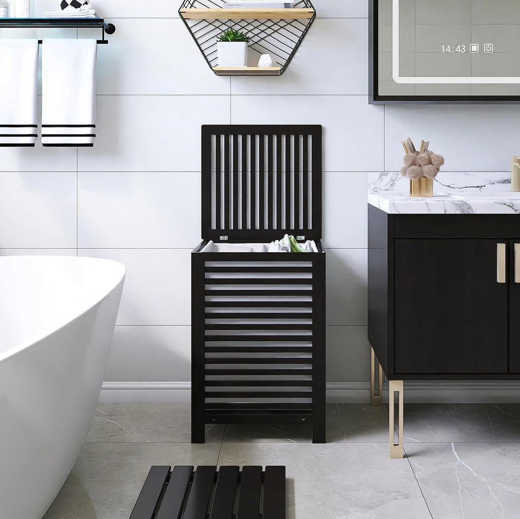 SMIBUY Double Laundry Hamper with Lid, 120L Bamboo Laundry Basket with Removable Liner Bag, 2-Section Clothes Divider Laundry Sorter for Laundry Room, Bathroom, Bedroom (Black)