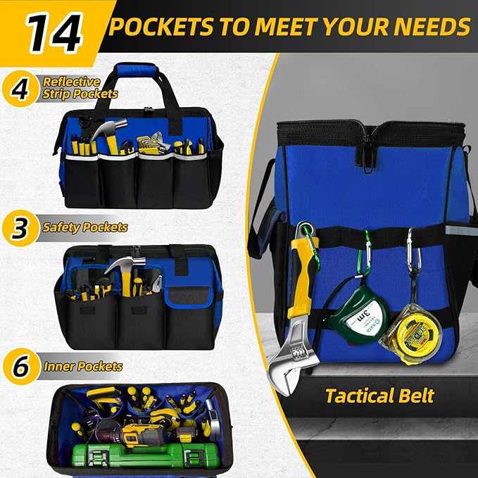 Tool Bag, Portable Tool Box Organizer Adjustable Shoulder Strap, Carry Tool Tote Heavy Duty Tool Storage Bag With Wide Mouth,Tool Bags for Men Mechanic EngineerGift - L, Blue & Black