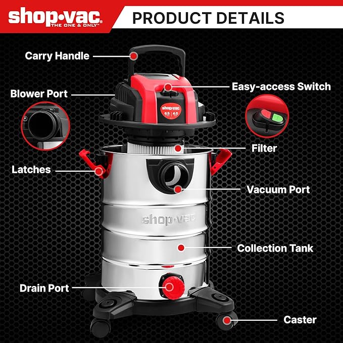 Shop-Vac 6.5 Gallon 4.0 HP Wet/Dry Vacuum with Blower Function, Stainless Steel Tank, Portable Shop Vacuum with Wheels, Includes Filters, Hose & Accessories, Ideal for Garage and Workshop