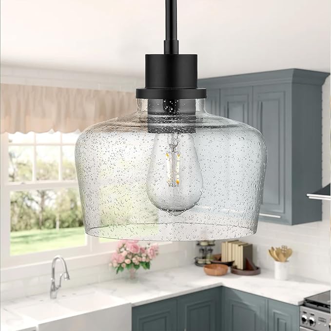 Emak 2 Pack Pendant Lights Kitchen Island, 8 Inch Black Pendant Light with Seeded Glass Shade, Modern Farmhouse Hanging Light Fixture for Kitchen Island, Bathroom, Bedroom, PL122-BK-2PK