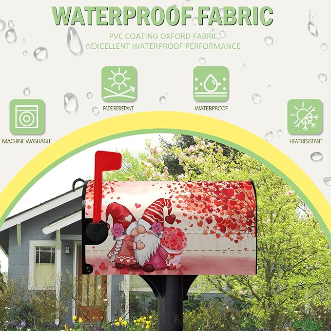 Valentines Gnomes Kiss Mailbox Cover Standard Size 21 X 18 Love Hearts Rose Magnetic Mailbox Covers Red Letter Box Cover Wraps for Garden Yard