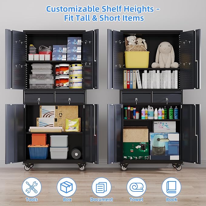 Metal Garage Storage Cabinet with 2 Drawers and 2 Adjustable Shelves, Rolling Tool Storage Cabinet with Wheels and Locking Doors for Garage, Warehouse, Black and Dark Gray
