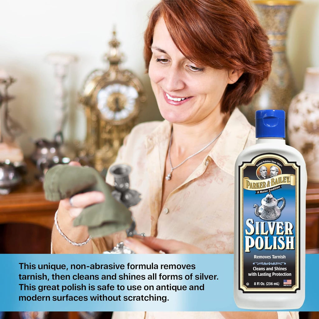 Parker & Bailey Silver Cleaner – Removes Tarnish and Restores Shine on Jewelry, Antiques, Utensils & Furniture, 8 oz Bottle