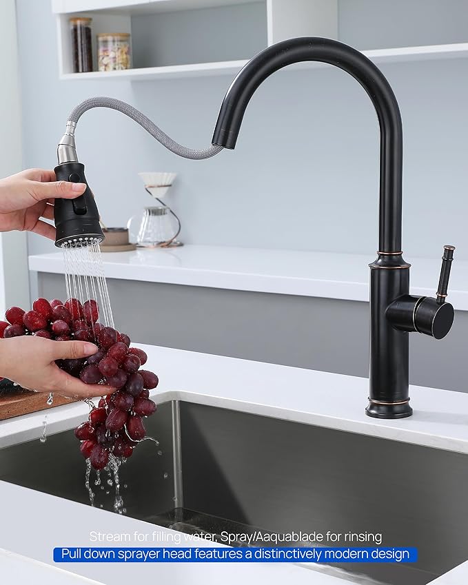 J-HVA Oil Rubbed Bronze Pull Down Kitchen Faucet Head Replacement with 15 Adapters - Kitchen Sink Faucet Spray Nozzle Head Replacement 3-Function Tap Sprayer Head for Kitchen Sink