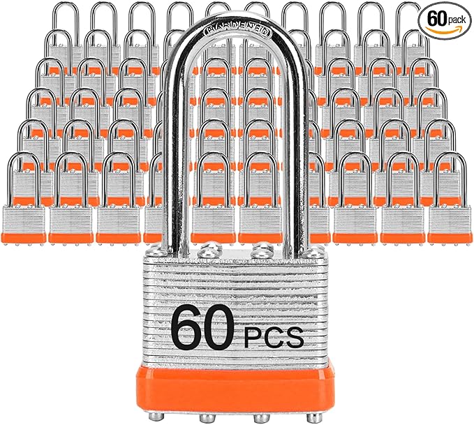 Padlocks with Same Key, LQYN 60 Pcs Laminated Keyed Padlock (1-9/16", 40mm), Keyed Alike Locks, Long Shackle, for Storage Locker, Hasp Latch, Toolbox, Sheds